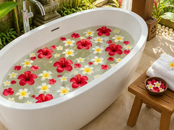 Badewanne mit warmem Wasser und Blütenblättern, daneben gefaltete Tücher