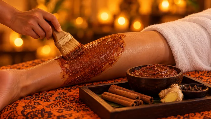 Warme Kräuterpaste wird mit dem Pinsel aufs Bein aufgetragen, daneben Zimt, Ingwer und Nelken