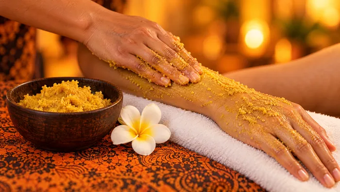 Hand verteilt gelbes Lulur-Peeling aus Kurkuma und Reispuder auf dem Unterarm, daneben Schale und Frangipani