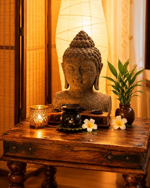Buddha-Büste aus Stein auf einem alten Holztisch, davor Duftlampe, Windlicht und Frangipani