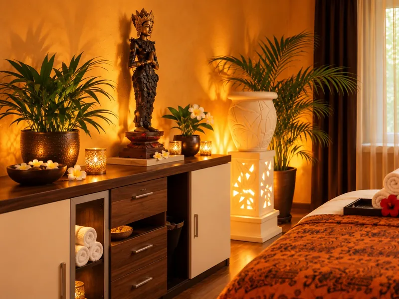 Kommode mit balinesischer Tempelfigur, Windlichtern und Frangipani-Blüten, daneben eine beleuchtete Steinvase