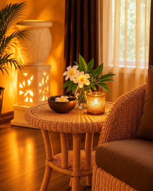 Korbtisch mit Frangipani in der Vase, Schale und Windlicht neben einem Korbsessel