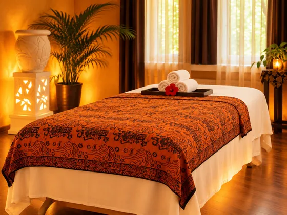 Massageliege mit oranger Batikdecke, darauf gerollte Tücher und eine Hibiskusblüte