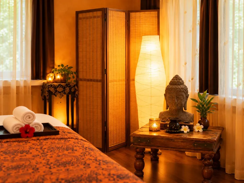 Ecke mit Bambus-Paravent, hoher Papierlampe und Buddha-Büste auf dem Holztisch