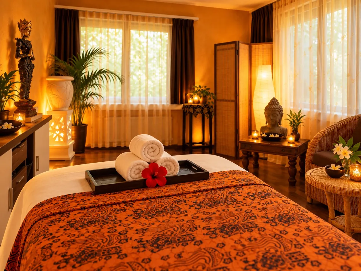 Behandlungsraum von Bali Santay: Massageliege mit Batikdecke und gerollten Tüchern, dahinter Paravent, Papierlampe und Buddha-Büste